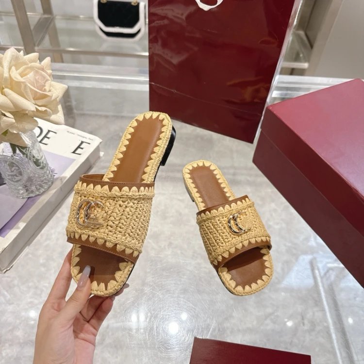 Double C Metal Logo Woven Raffia Trim Slide Sandals-5756 Kakobuy spreadsheet find