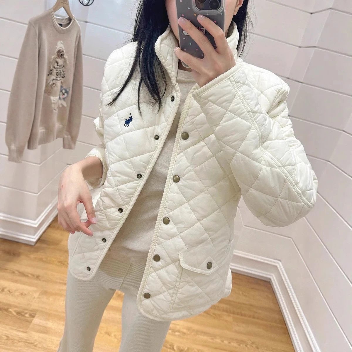 Polo Pony Logo Cream White Diamond Quilted Stand Collar Jacket Kakobuy jackets spreadsheet listing